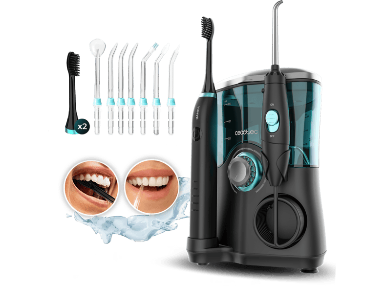 Centro de higiene dental - Cecotec ToothCare Jet Clean Elite, Irrigador 600 ml, 10 niveles, 7 cabezales, Cepillo sónico, 5 modos, IPX7, Negro