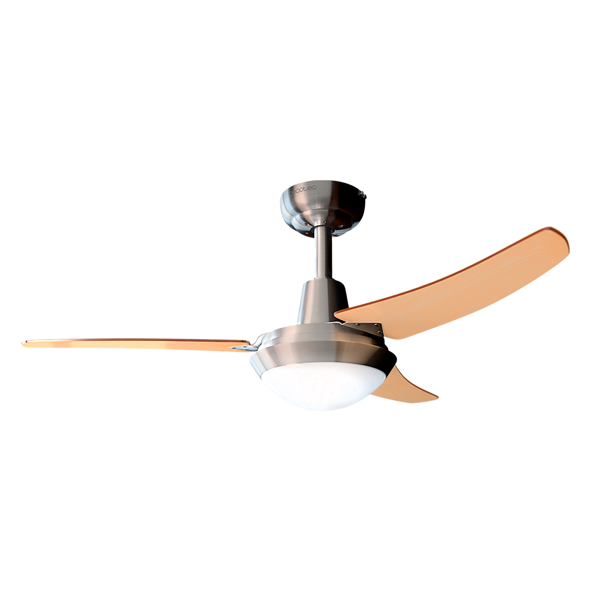 Ventilador de techo moderno con cuerpo plateado, cúpula de vidrio iluminada y tres aspas de madera sobre fondo negro.