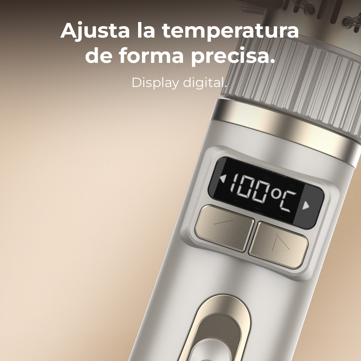 Dispositivo para peinar el cabello con pantalla digital que muestra 100°C y botones de control sobre fondo beige.