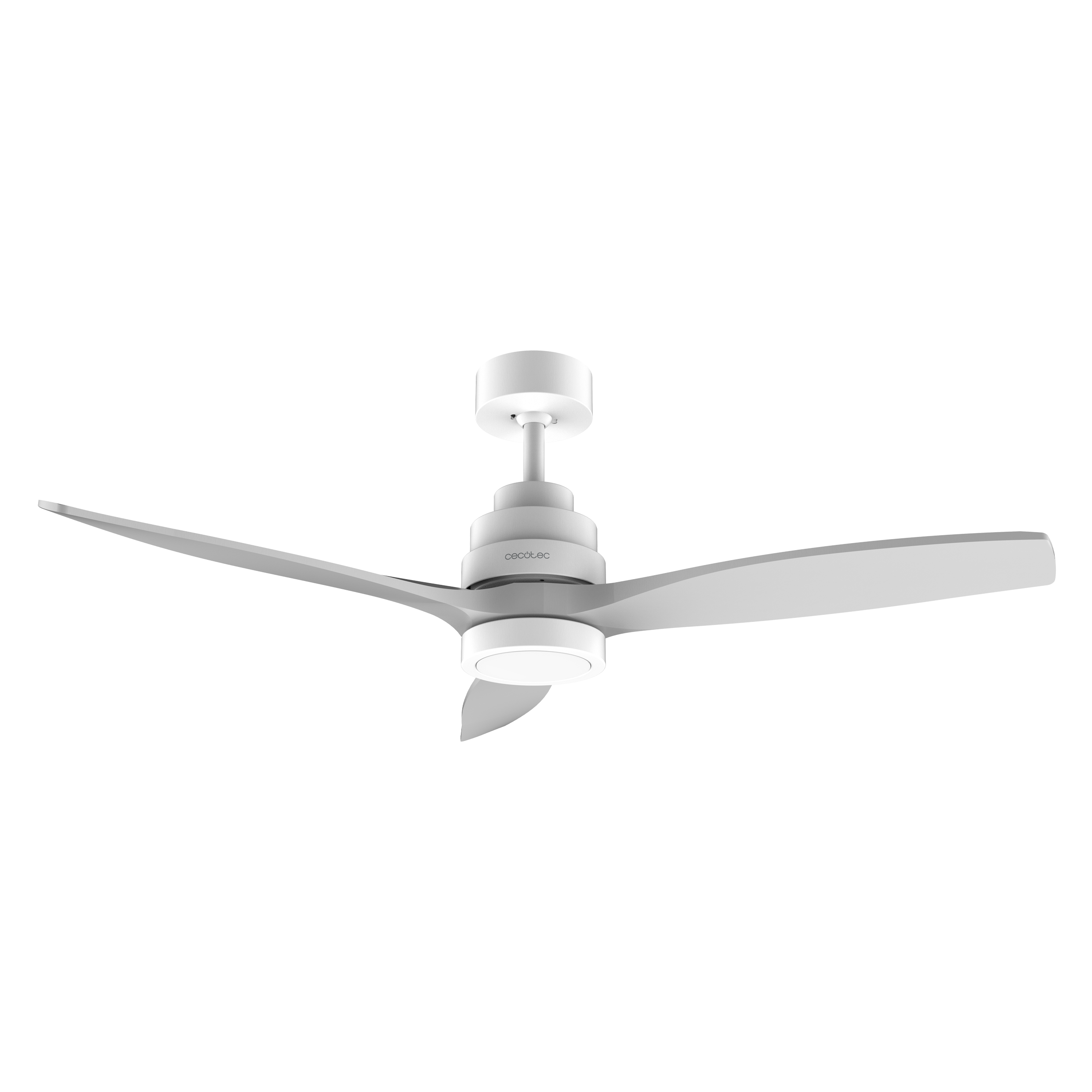 Un ventilador de techo blanco moderno con luz integrada sobre fondo negro sólido.