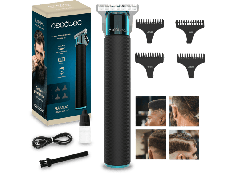Cortapelos - Cecotec PrecisionCare Profiling, Cuchilla Precision Cut, Motor brushless silencioso, 4 peines 1-4 mm, Autonomía 90 min, USB, Negro