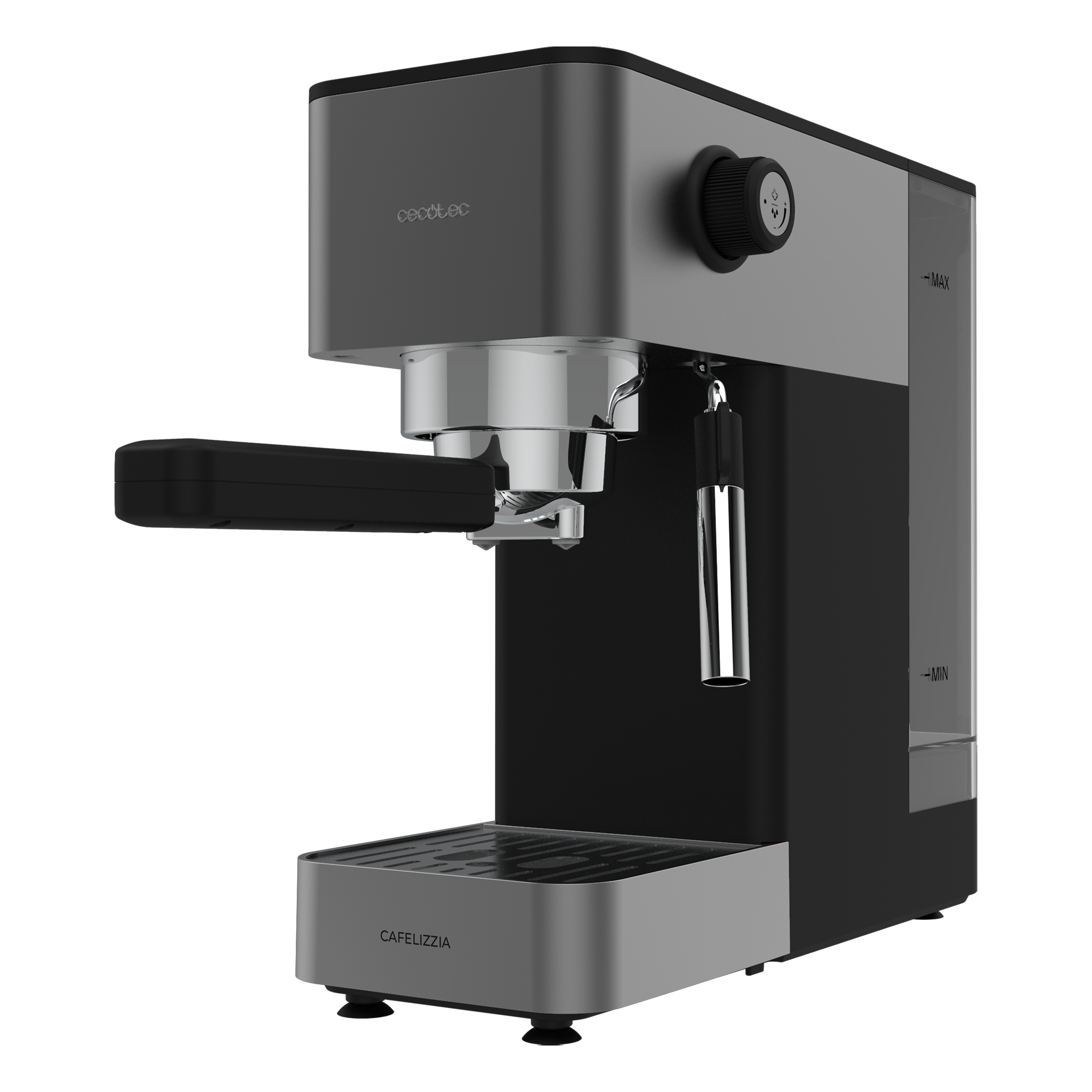 Moderna cafetera express Cecotec Cafelizzia negra y plateada con vaporizador y portafiltro sobre fondo negro.