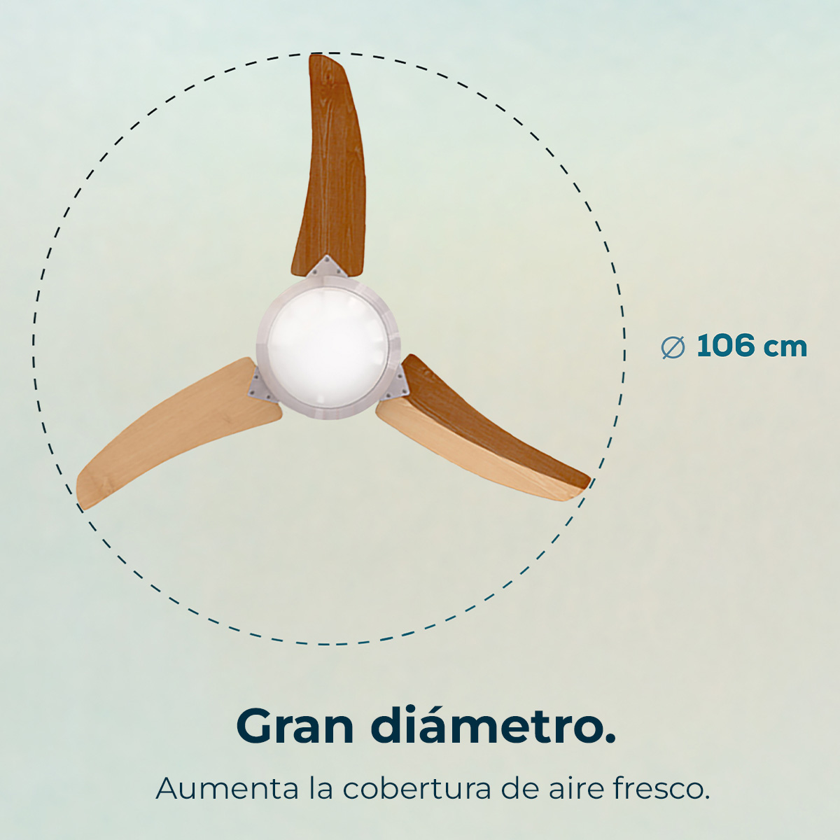 Un ventilador de techo de 106 cm con tres aspas de madera y luz central redonda.