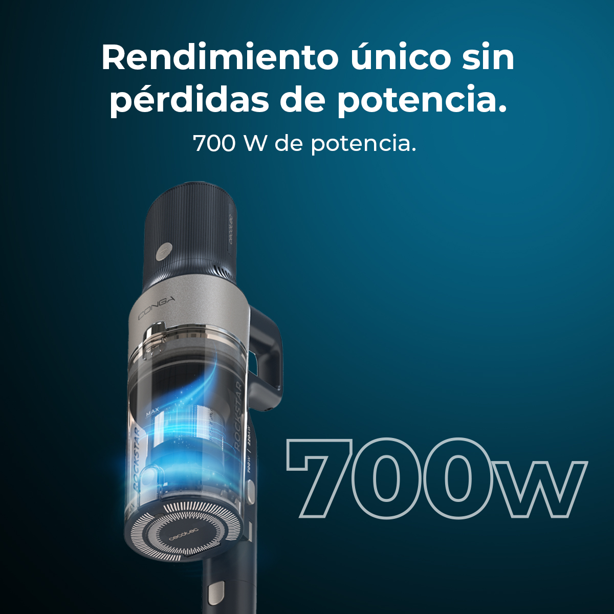 Un aspirador sin cable sobre fondo azul con texto sobre 700 W de potencia.