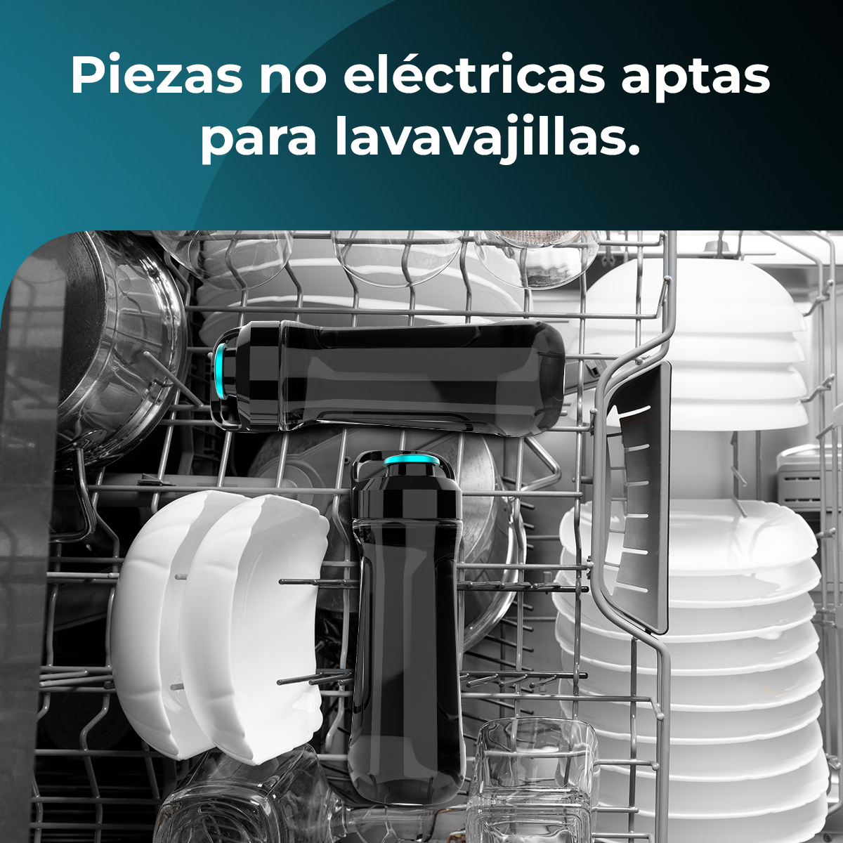 Piezas no eléctricas aptas para lavavajillas. Dos botellas negras en el lavavajillas.