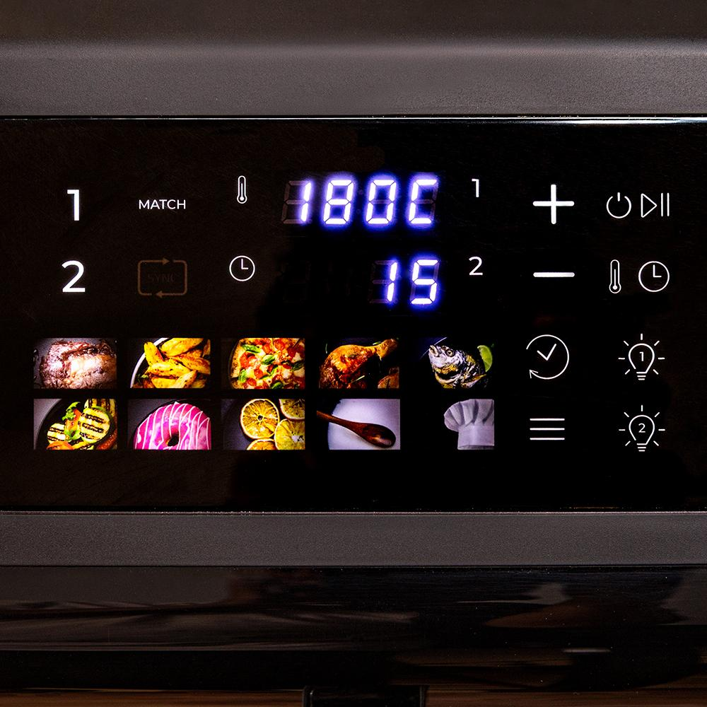 Primer plano del panel de control de un horno digital con pantallas LED azules, botones táctiles y iconos de alimentos.
