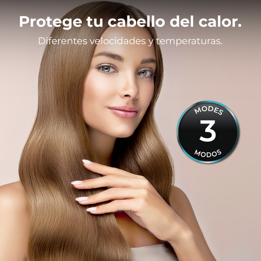Una mujer con cabello castaño largo, texto sobre protección térmica e insignia de tres modos.