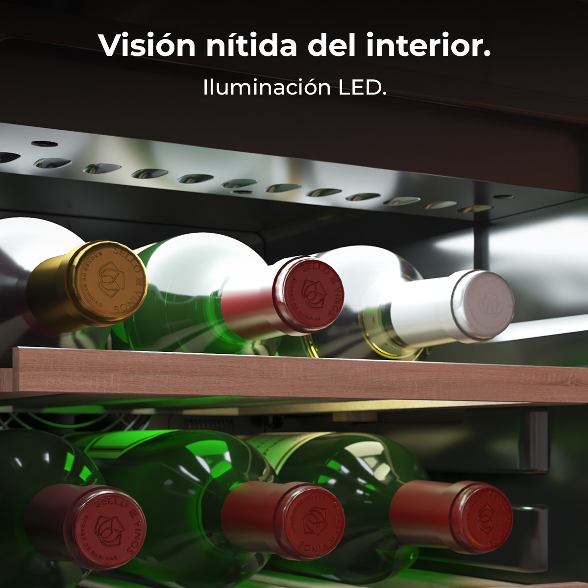 Interior de una vinoteca con iluminación LED y botellas de vino en estantes de madera.