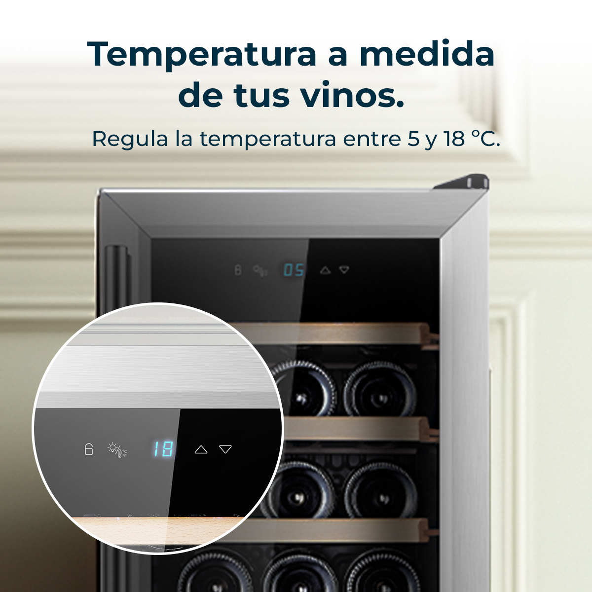 Vinoteca con pantalla digital de temperatura a 18 grados Celsius y texto promocional en español.