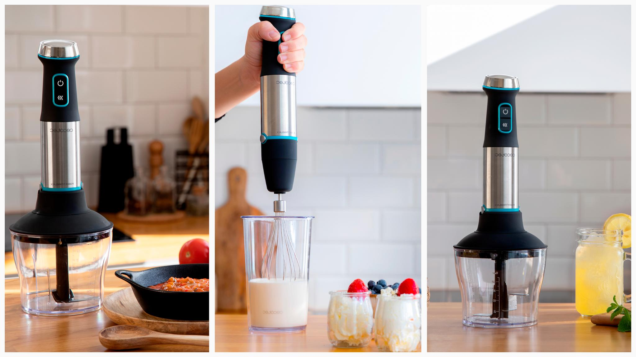 Una batidora de mano con accesorios en una cocina con alimentos como tomates, bayas y yogur.
