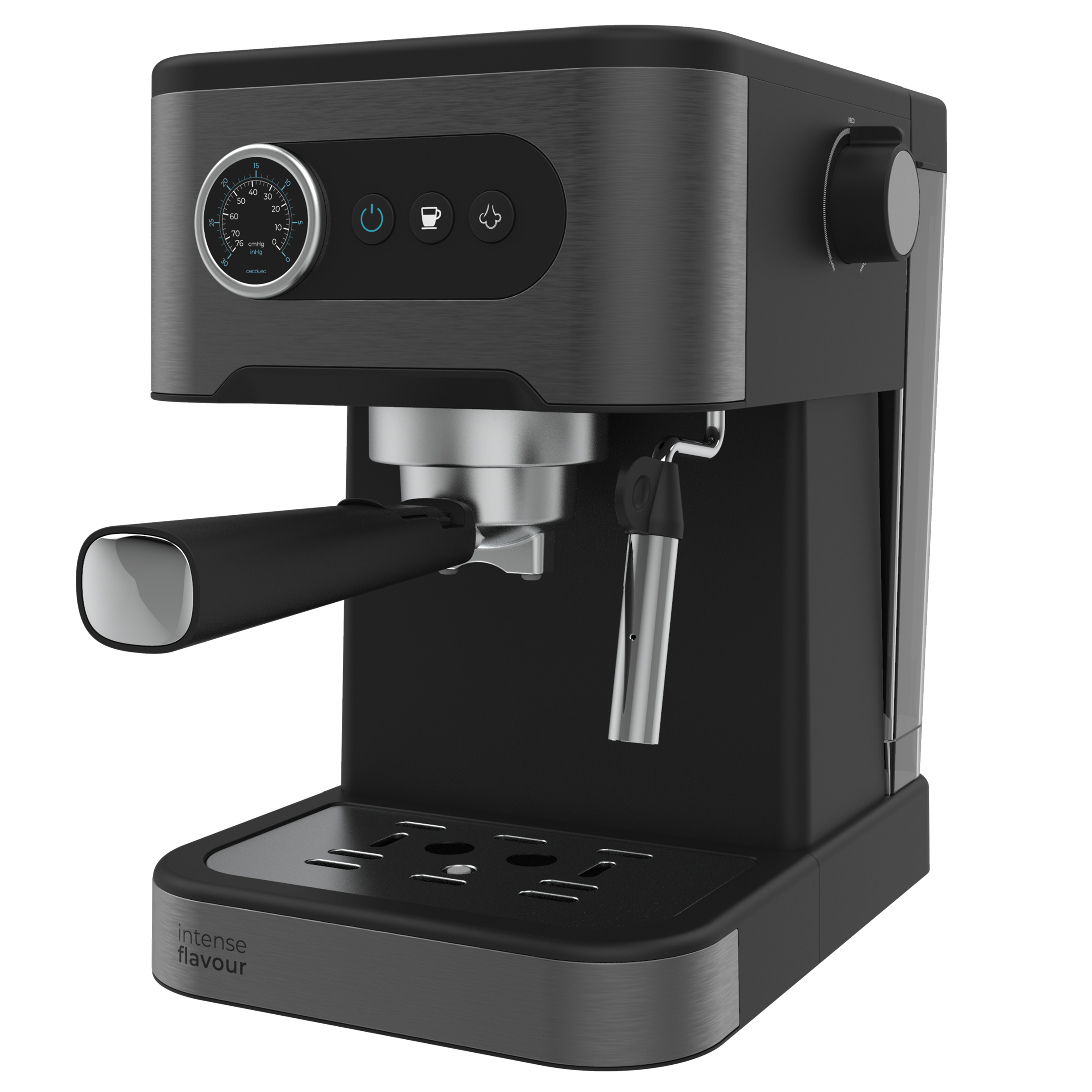 Moderna cafetera de espresso negra y plateada con manómetro y vaporizador sobre fondo negro.