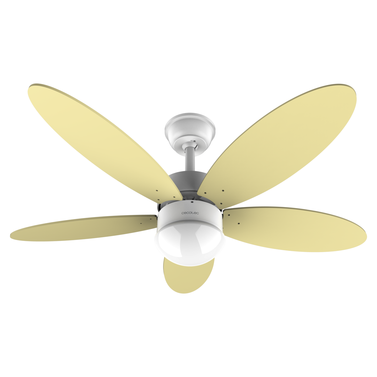 Ventilador de techo blanco con cinco aspas de madera amarillo claro y luz redonda integrada.