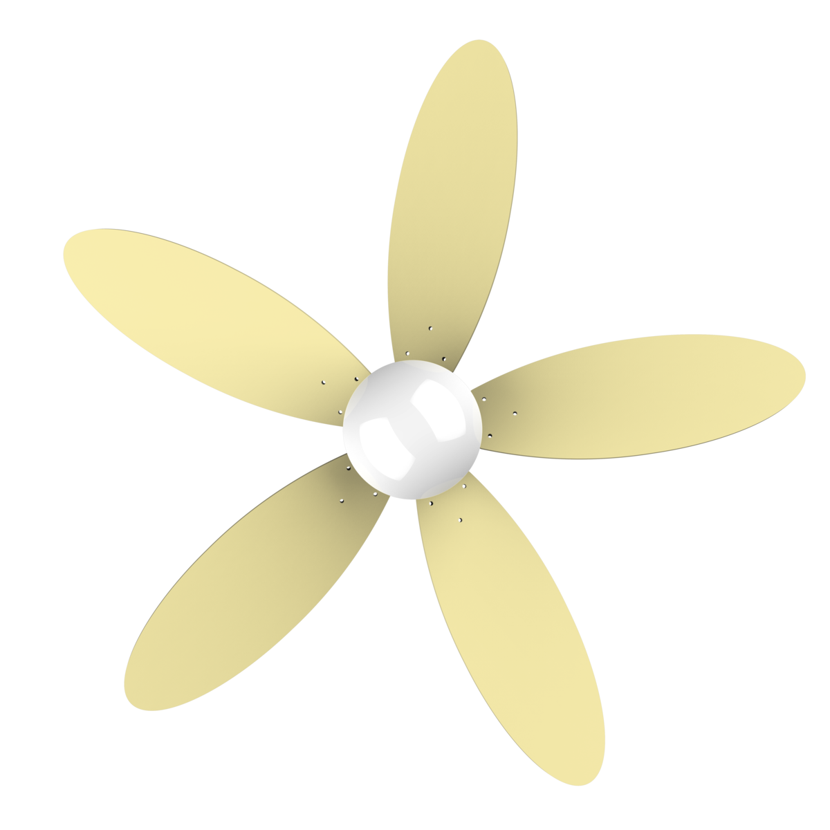 Un ventilador de techo blanco con cinco aspas amarillo claro sobre un fondo negro.