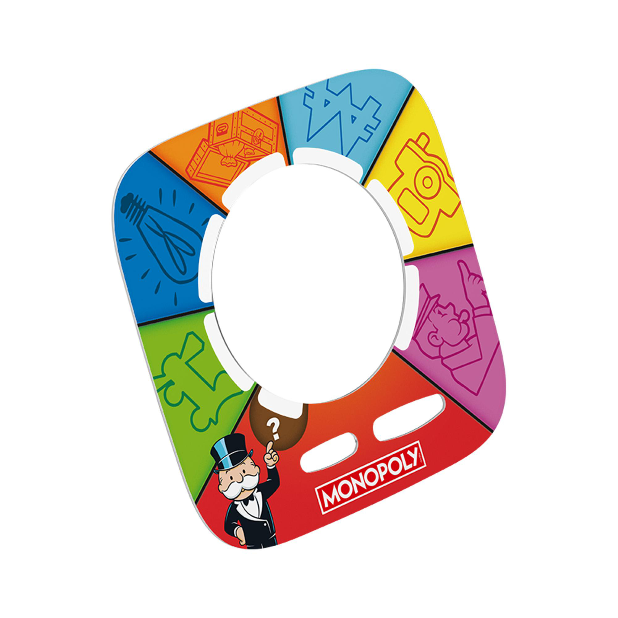 Buntes Monopoly-Spielteil mit Symbolen, einem runden Mittelloch und Mr. Monopoly.