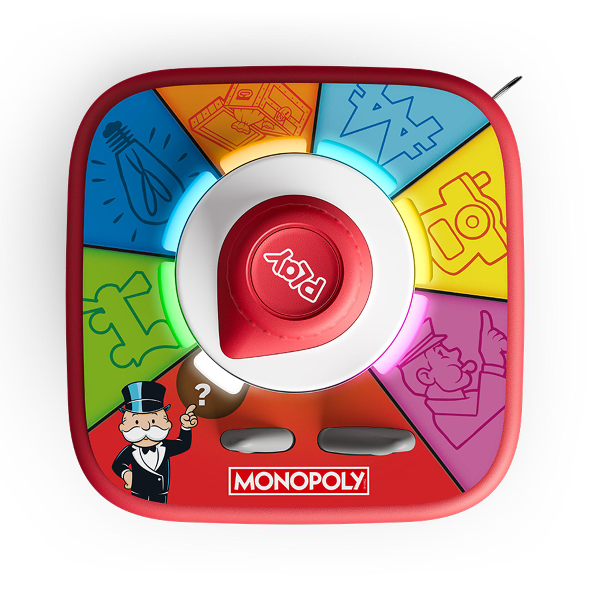 Eine bunte Monopoly-Spieleinheit mit rotem Startknopf, umgeben von illustrierten Feldern und Lichtern.