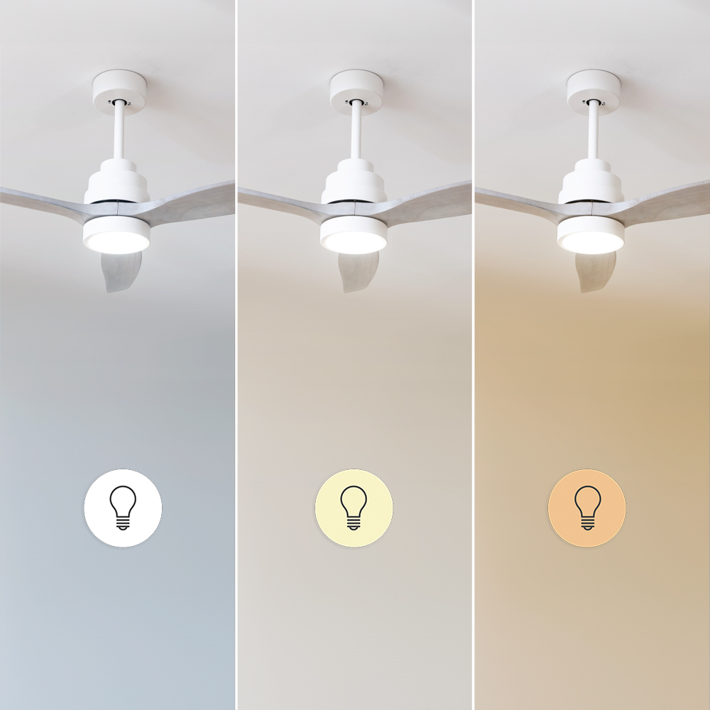 Tres paneles muestran un ventilador de techo blanco con luz en diferentes temperaturas de color.