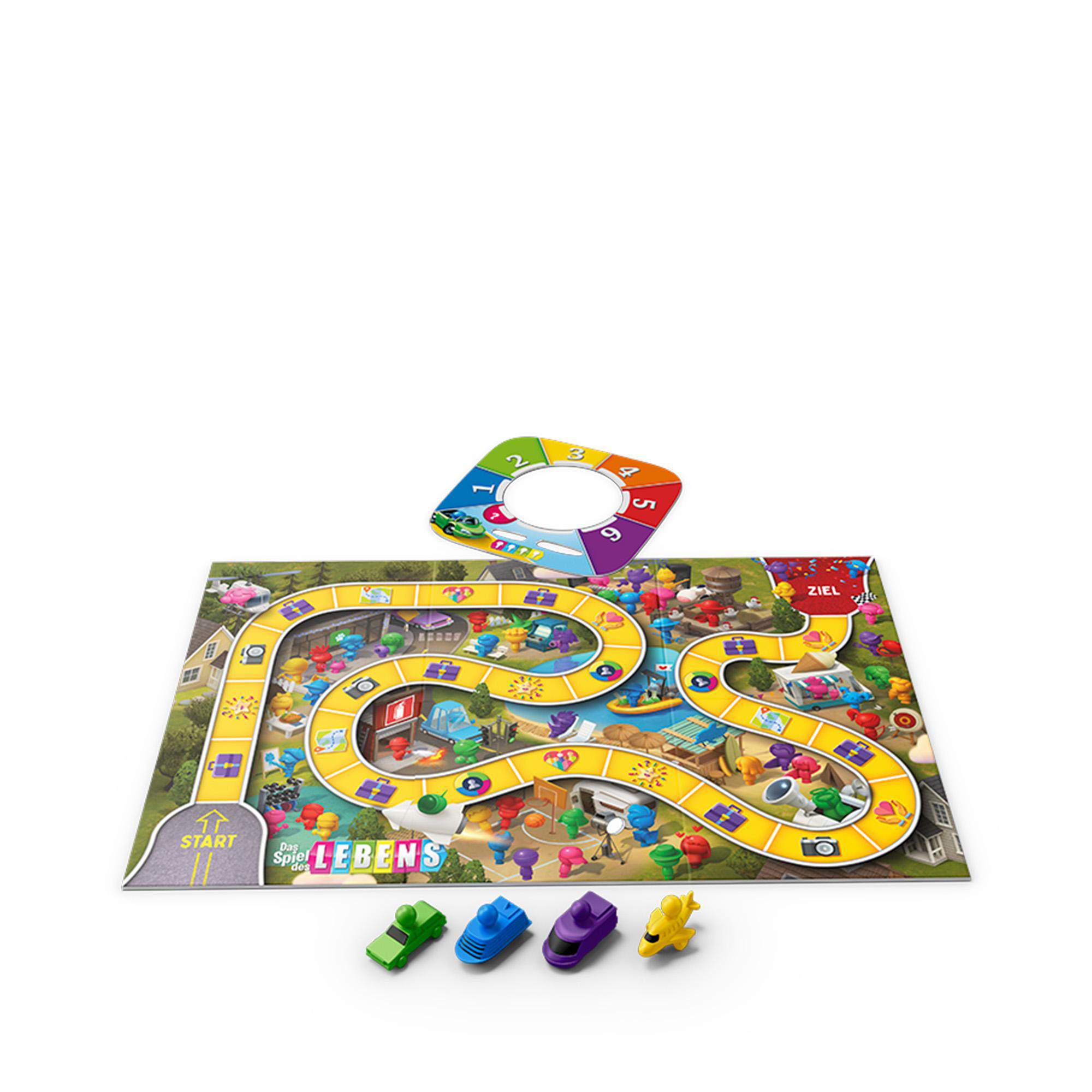 Buntes Brettspiel mit gelbem Pfad, Zahlenrad und vier kleinen Spielzeugautos vor weißem Hintergrund.