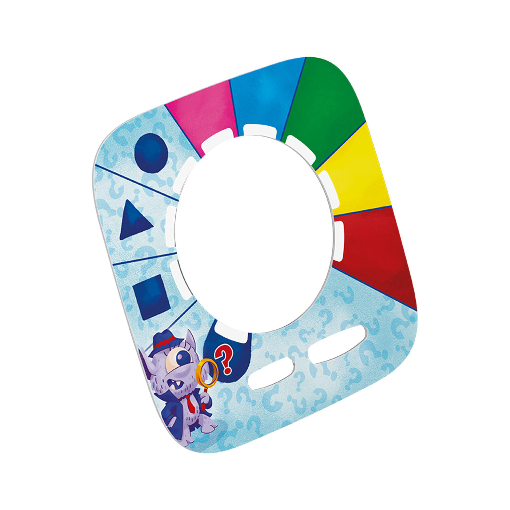 Buntes Spielkarton-Fragment mit einem runden Loch in der Mitte, geometrischen Formen und einem kleinen Detektiv-Monster.