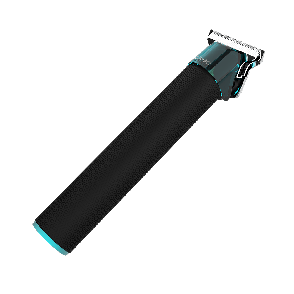 Una cortadora de pelo negra y elegante con cuchillas de metal y detalles en turquesa sobre fondo negro.