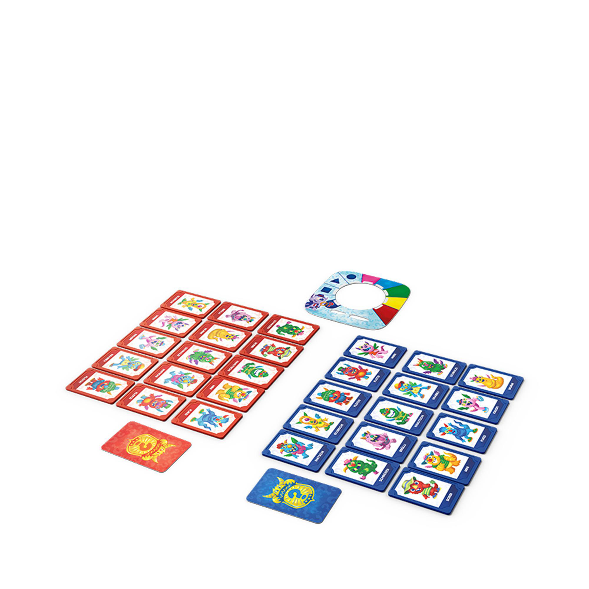 Ein Brettspiel mit zwei Sätzen bumerangkarten in Rot und Blau sowie einer bunten Drehscheibe auf weißem Hintergrund.
