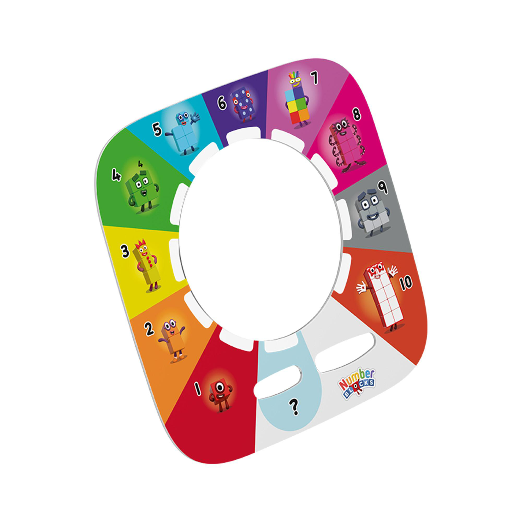 Ein buntes Numberblocks-Rad mit den Zahlen von 0 bis 10, weißen Schlitzen und dem Logo unten rechts.