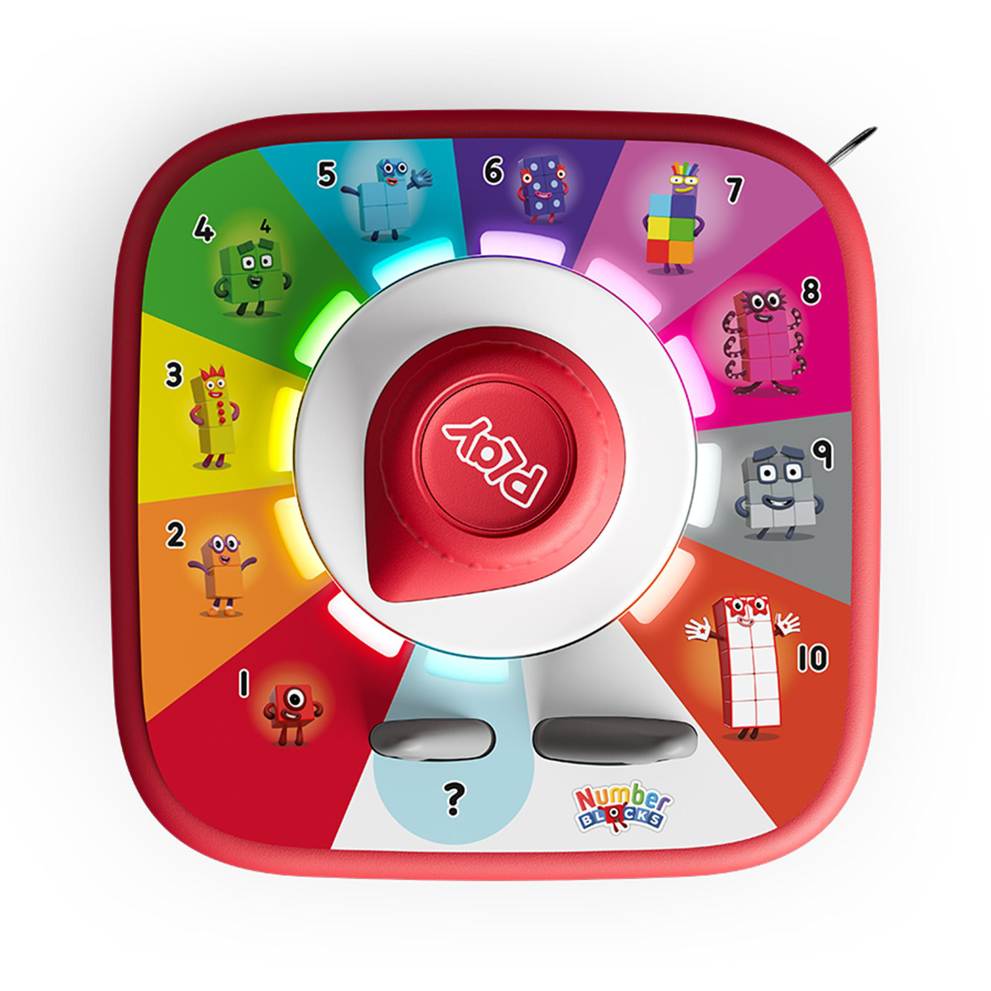Ein rundes Numberblocks-Spielgerät mit bunten Sektoren von 0 bis 10 und einem großen roten Drehknopf in der Mitte.