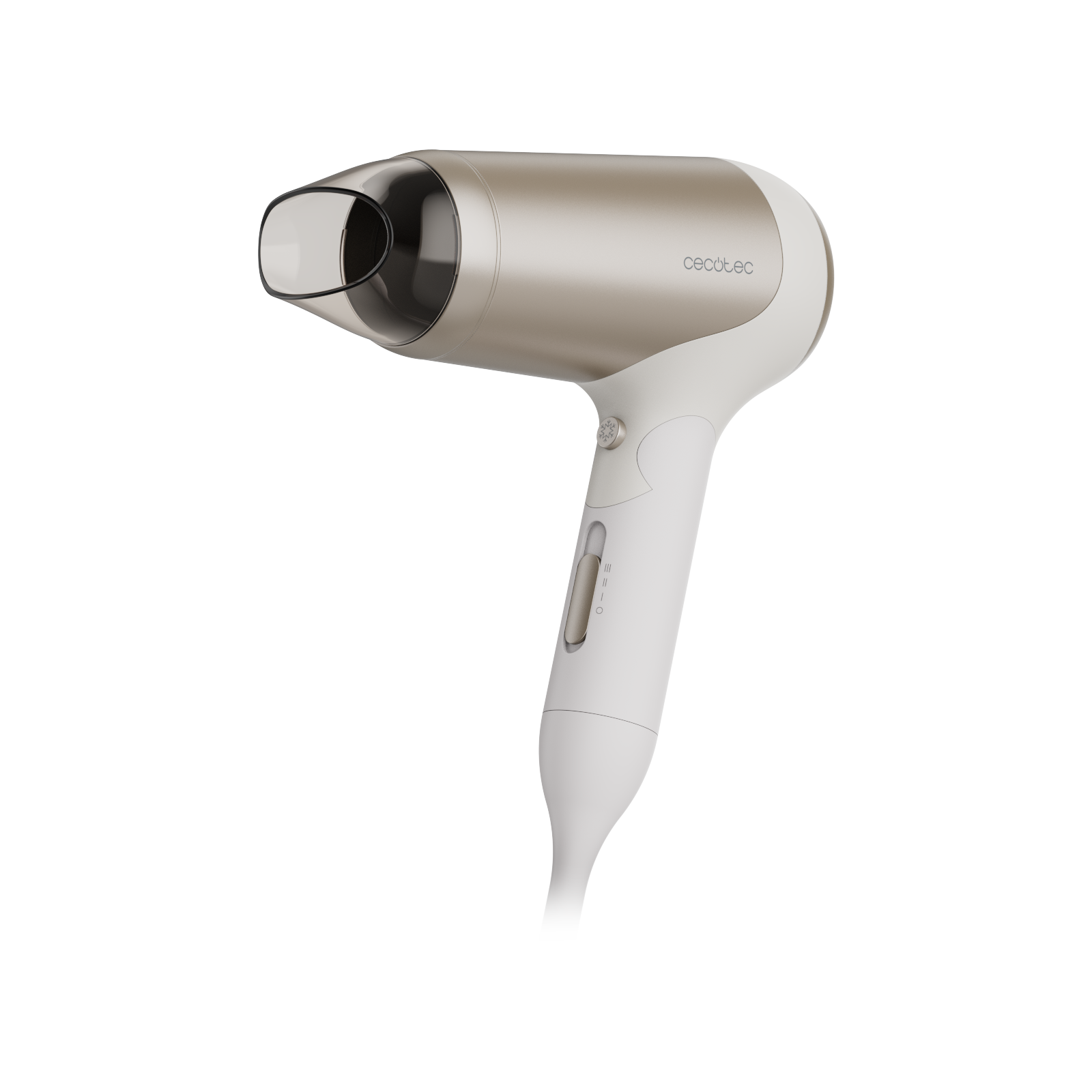 Moderna secadora de pelo Cecotec dorada y blanca sobre fondo negro.