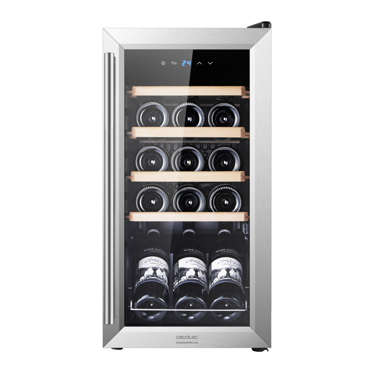 Vinoteca de acero inoxidable con puerta de cristal, estantes de madera e indicador luminoso.