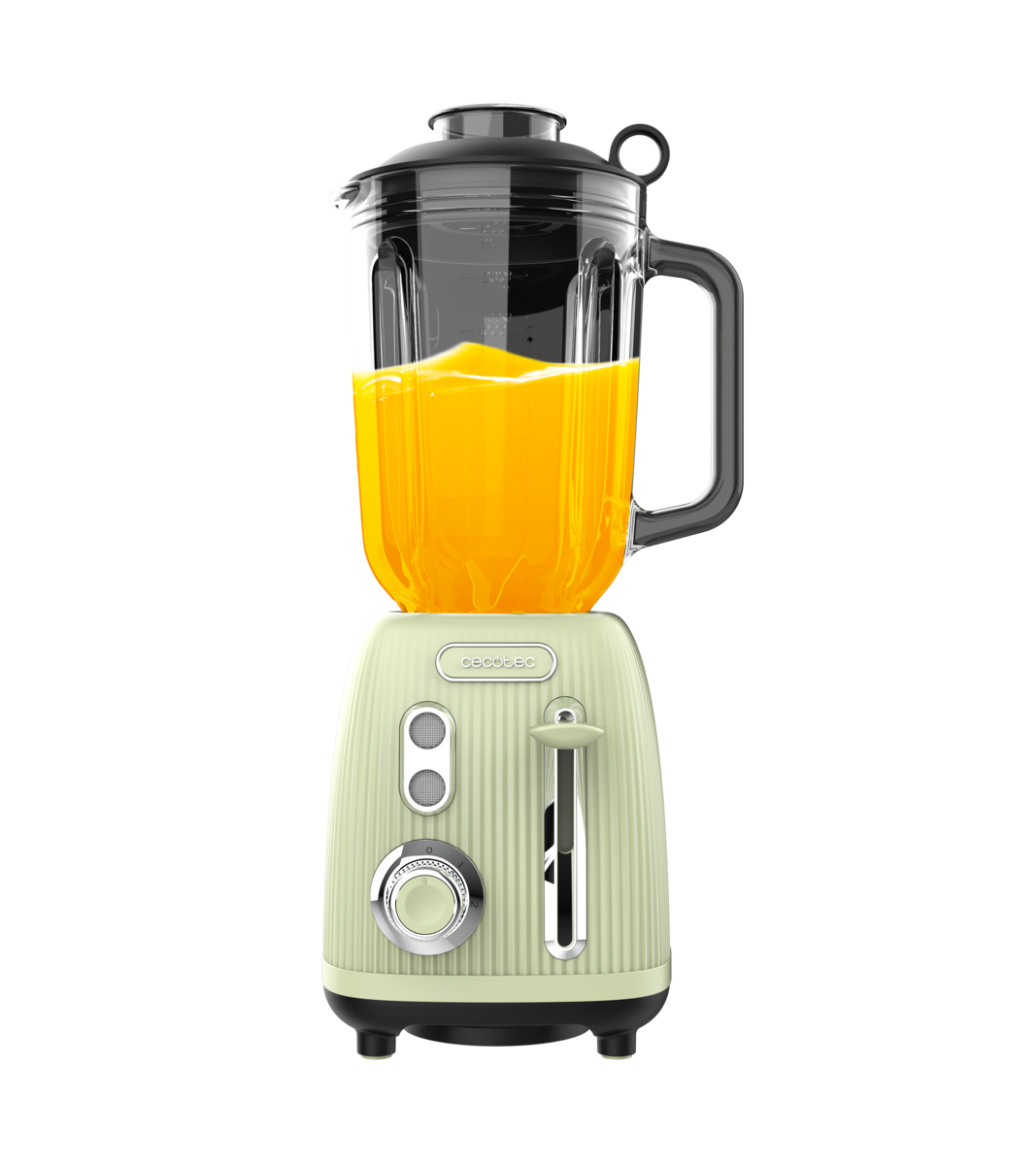 Una licuadora verde pastel sobre fondo negro, llena de jugo de naranja en su jarra de vidrio.