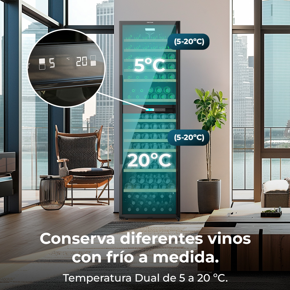 Vinoteca de doble zona en un salón moderno con vistas a la ciudad.