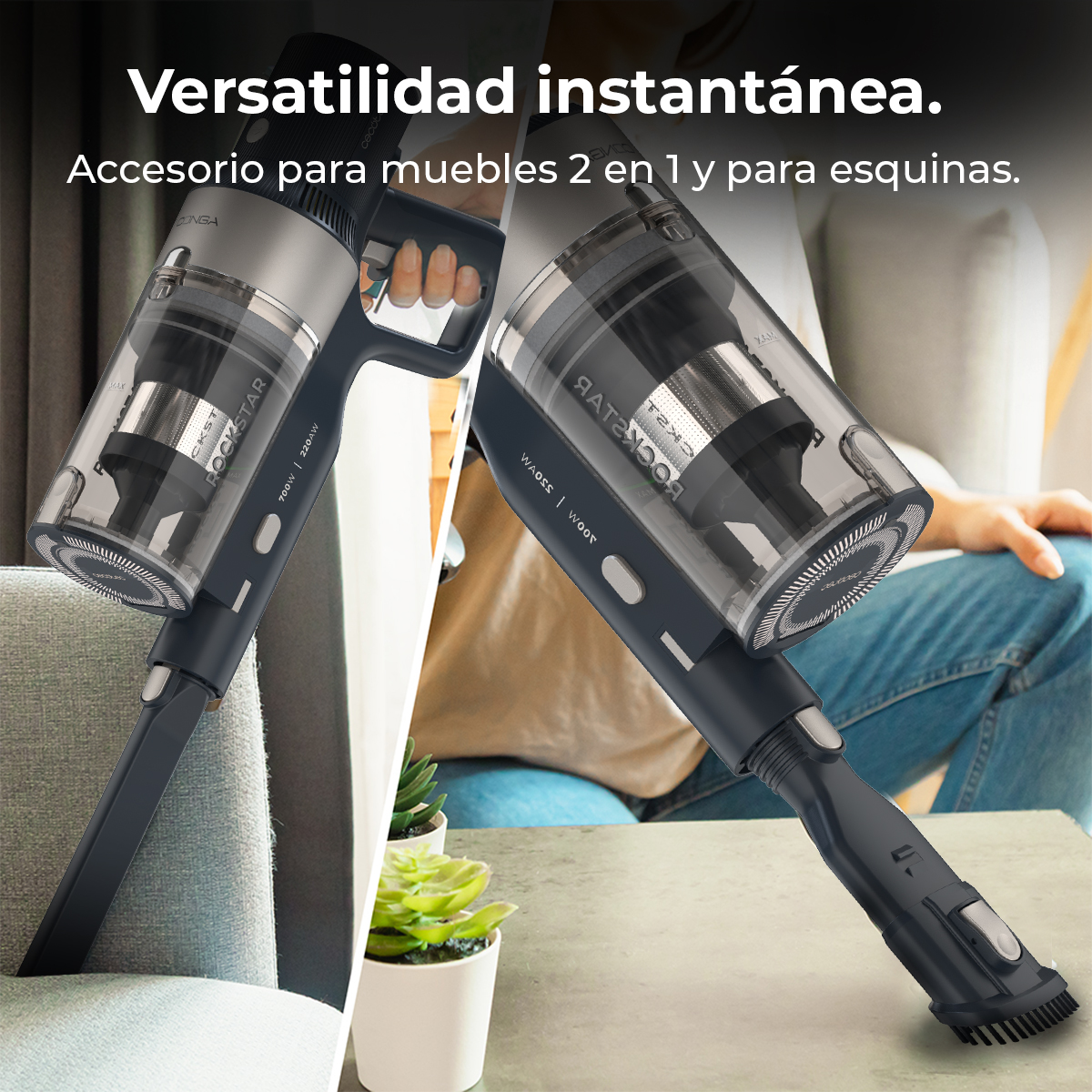 Aspiradora de mano inalámbrica con accesorio 2 en 1 para muebles y esquinas.