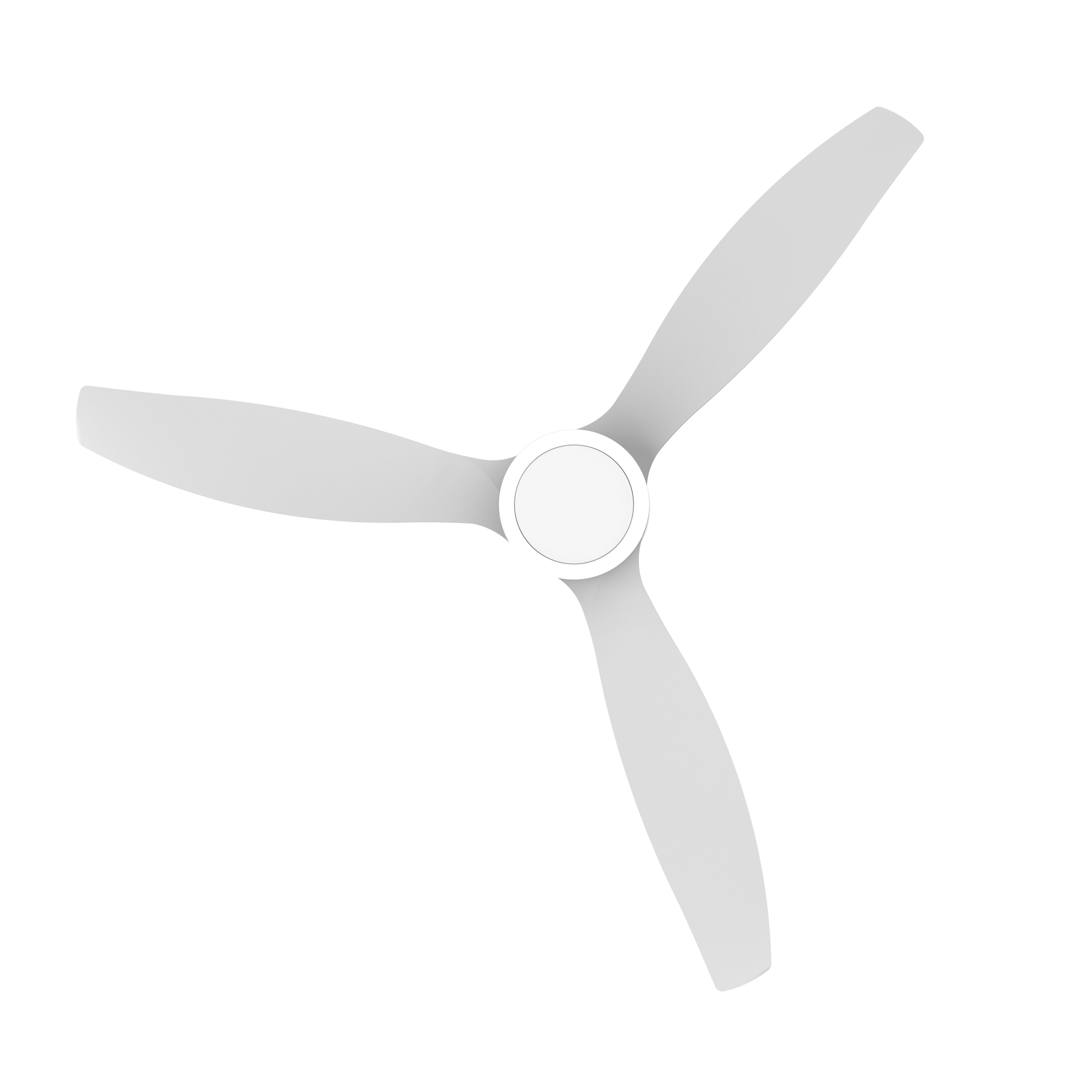 Un ventilador de techo blanco de tres aspas sobre un fondo negro, visto desde abajo.