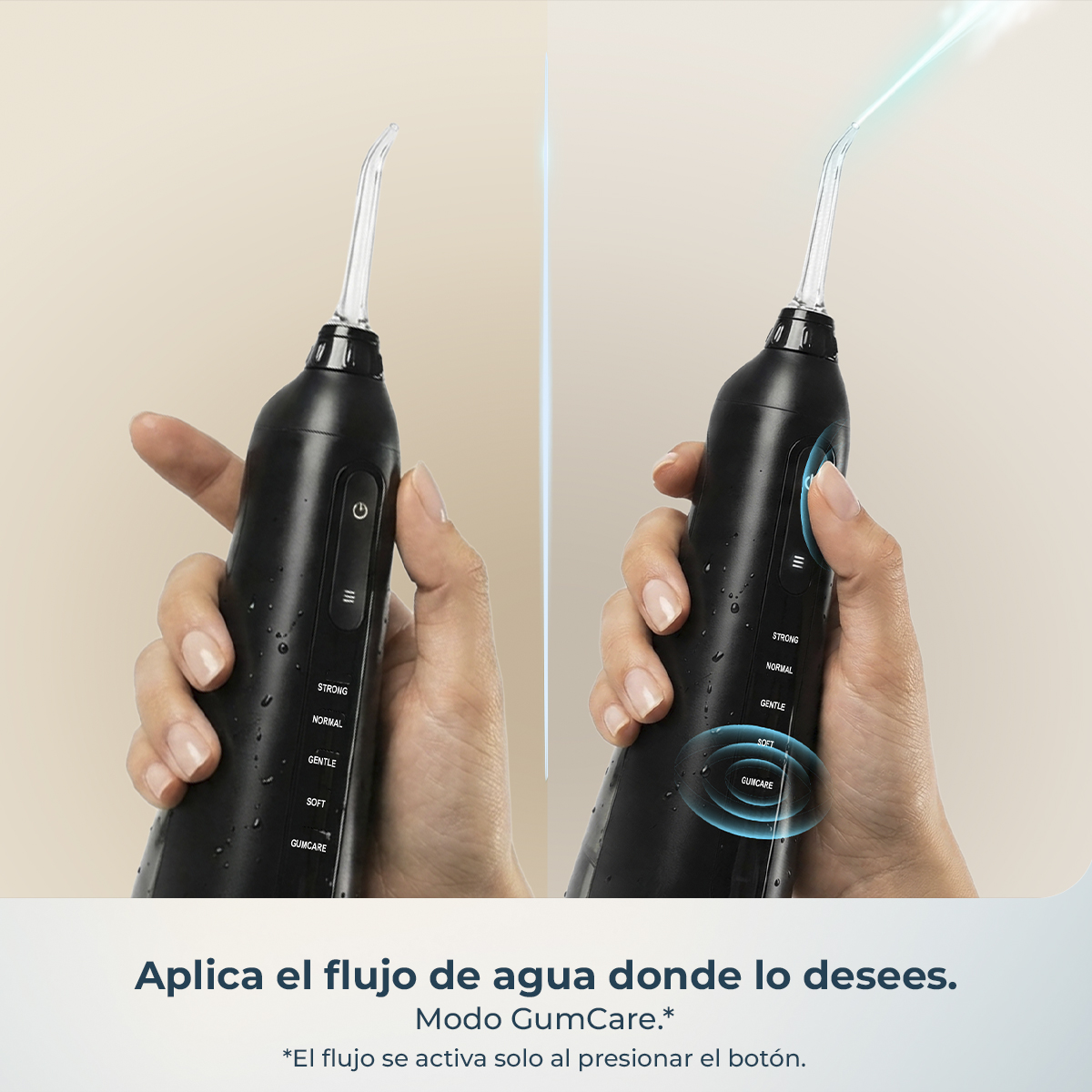 Una mano sostiene un irrigador bucal negro, mostrando un chorro de agua en modo GUMCARE.