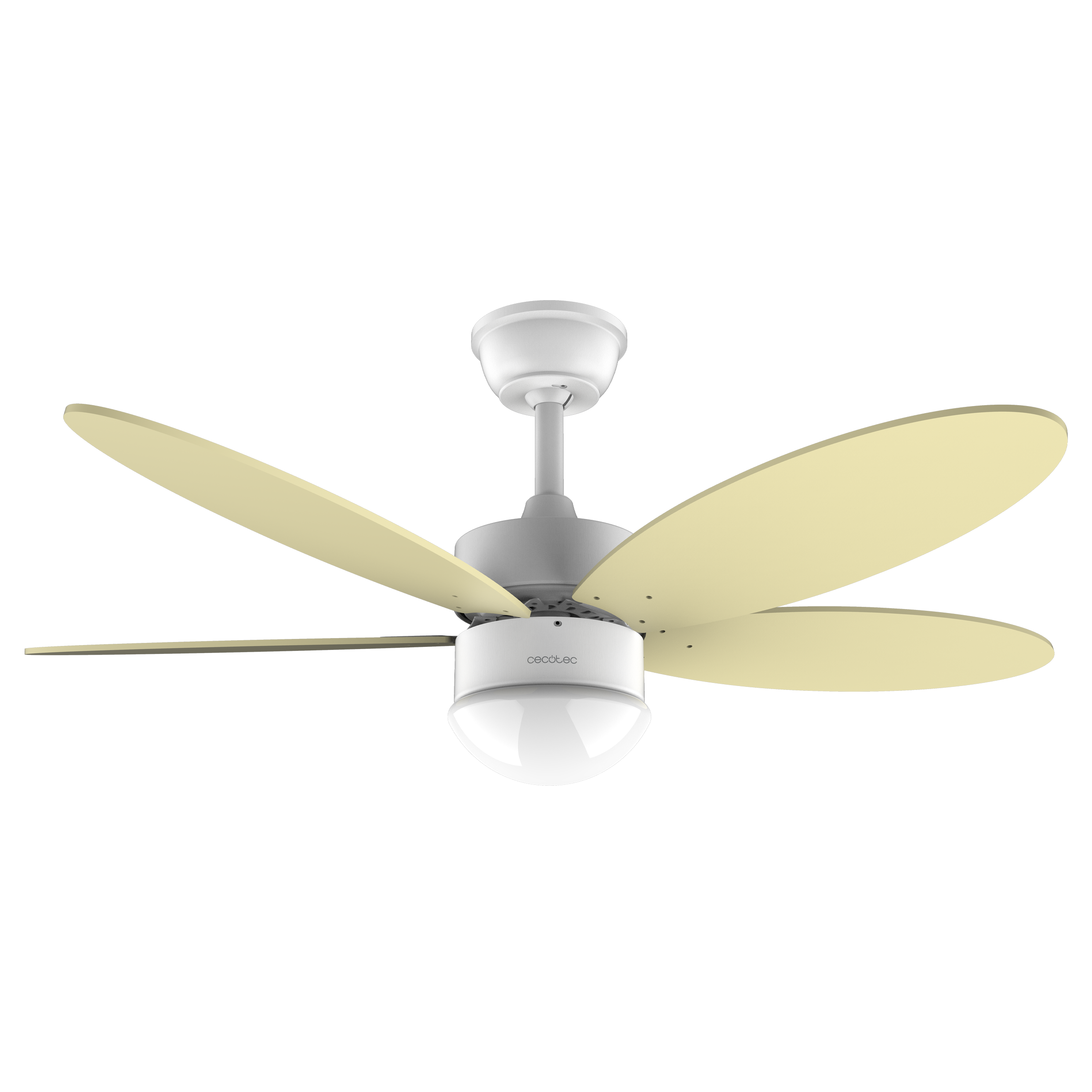 Un ventilador de techo blanco con cinco aspas marrón claro y una lámpara redonda abajo sobre fondo negro.