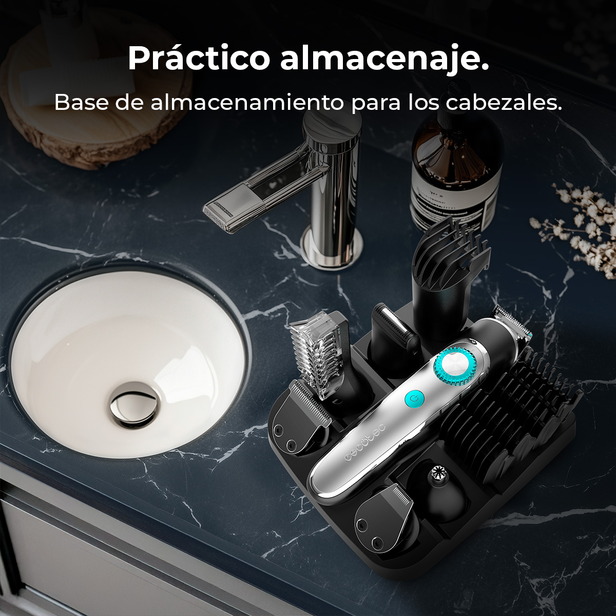 Recortadora con accesorios en un soporte negro junto a un lavabo.