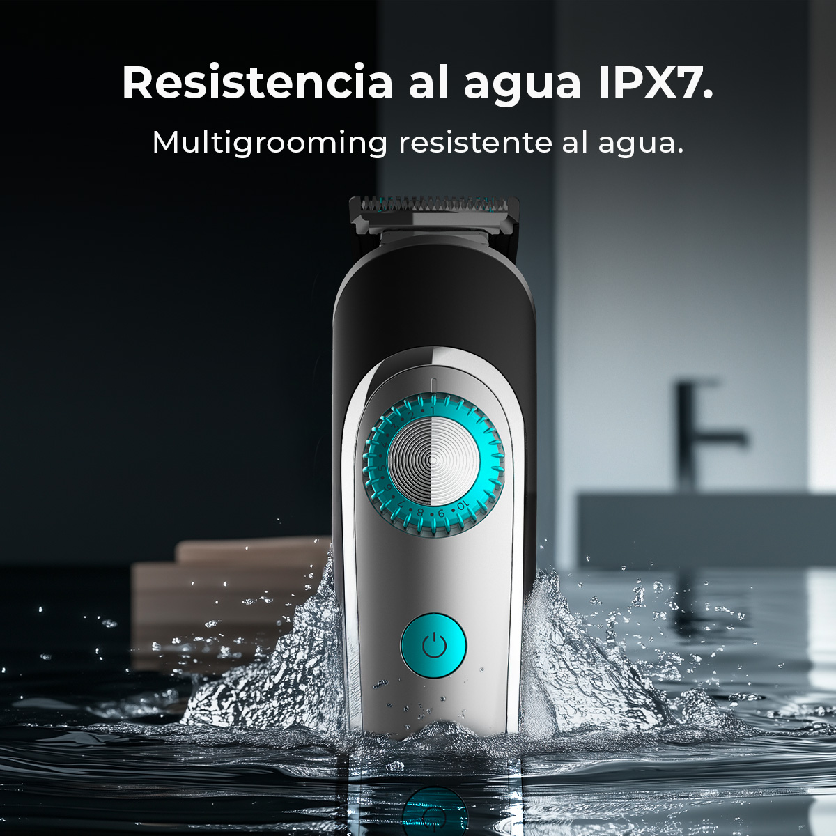 Afeitadora resistente al agua IPX7 en agua, con texto arriba.