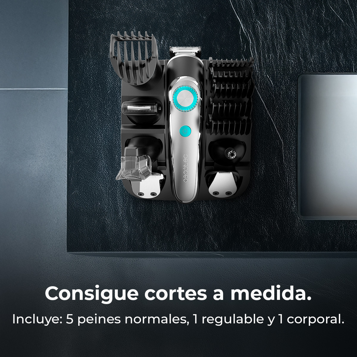 Recortadora de pelo con accesorios sobre fondo oscuro y texto.