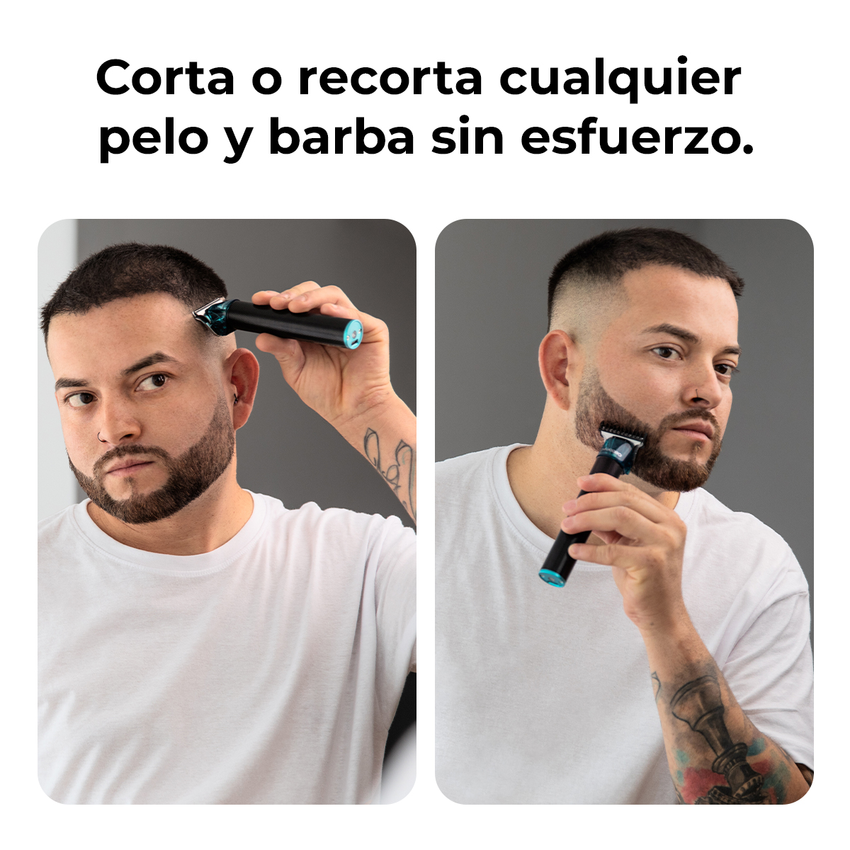 Un hombre usa una recortadora para cortar su cabello y barba.