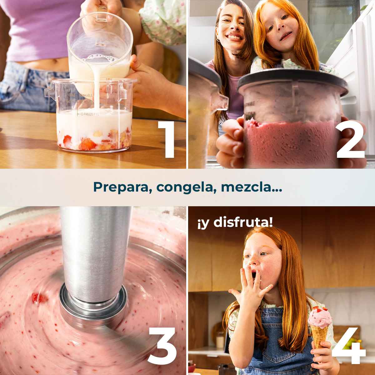 Cuatro pasos para hacer helado: verter leche en fruta, congelar, batir y disfrutar comiéndolo.