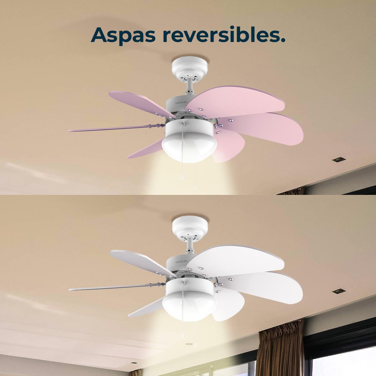 Dos vistas de un ventilador de techo con aspas reversibles rosas y blancas en un techo claro.