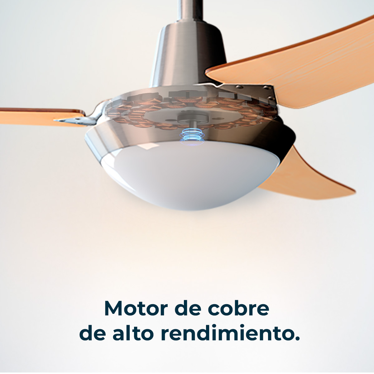 Sección transversal de un ventilador de techo que muestra el motor de cobre interno.
