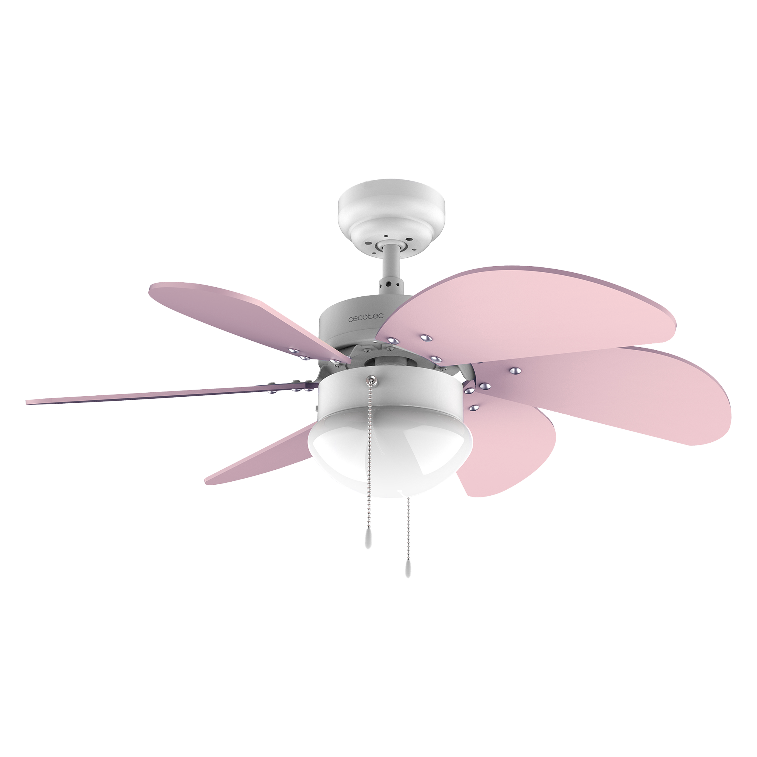 Un ventilador de techo blanco con cinco aspas rosa pastel y luz integrada sobre fondo negro.