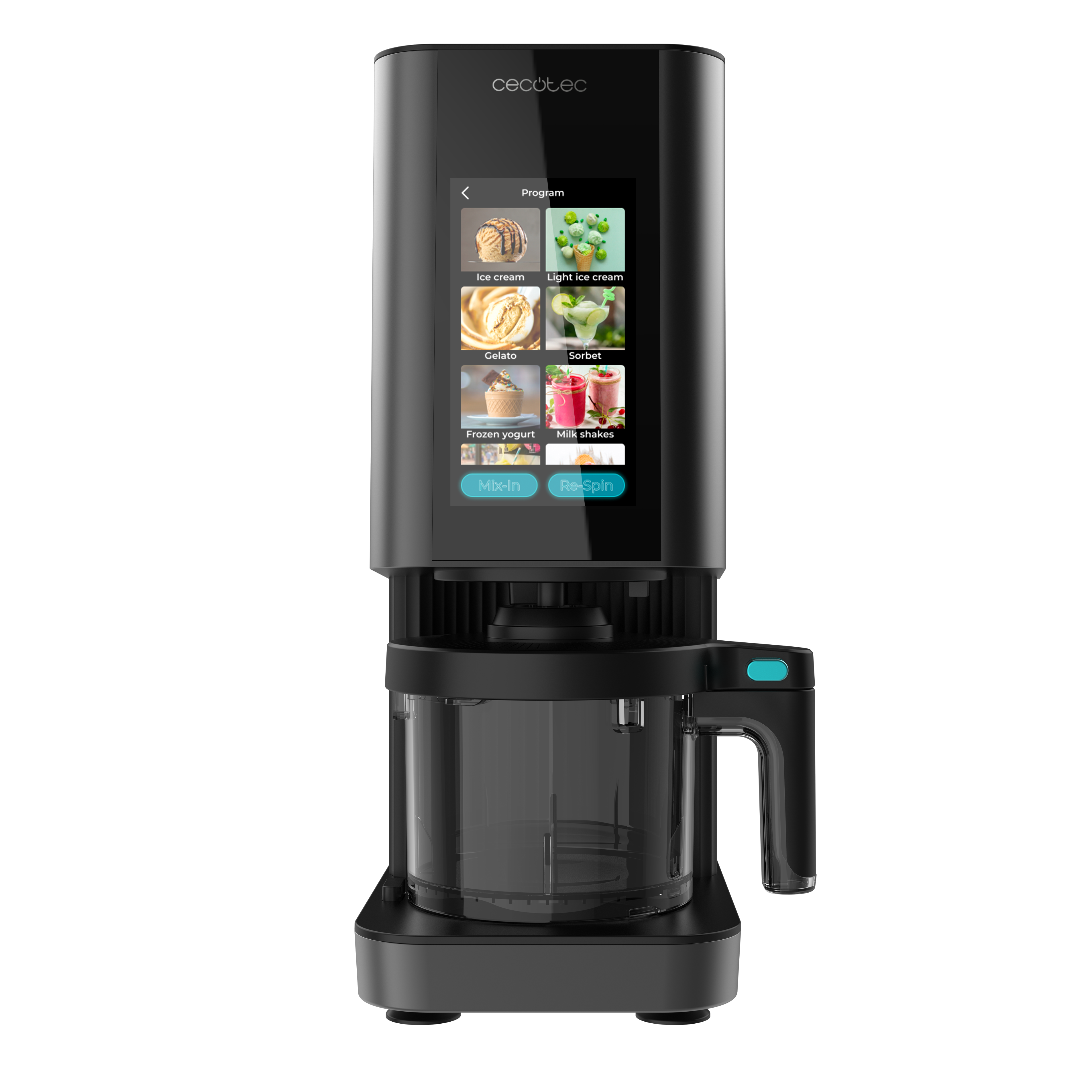 Heladera Cecotec negra con pantalla táctil que muestra varios programas de postres y un recipiente transparente debajo.