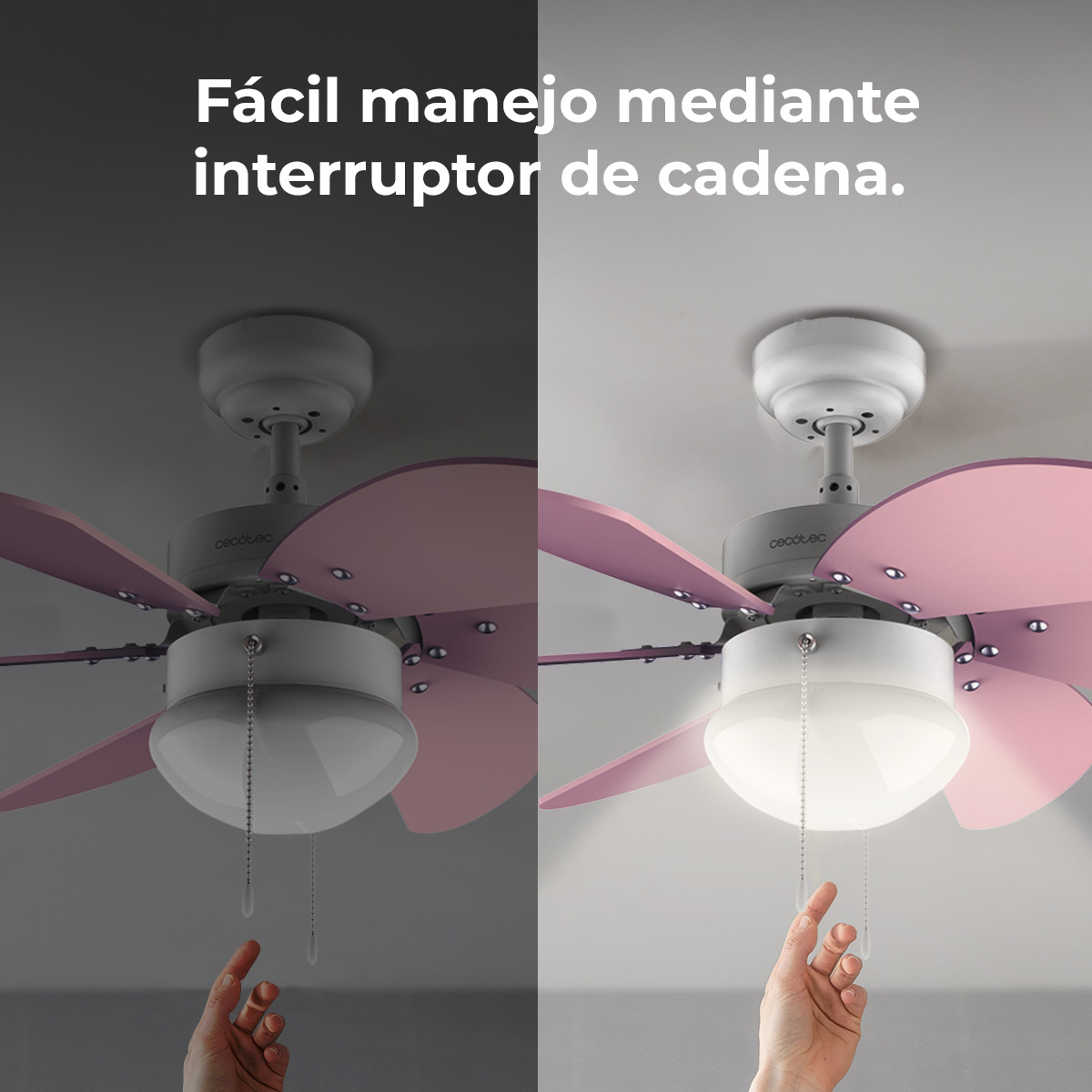 Mano tira de la cadena de un ventilador de techo con aspas rosas y luz encendida.