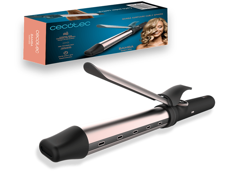 Rizador - Cecotec SurfCare Curly Sphere Elite, Cilindro 28 mm cerámica y turmalina, Ion Real, 10 generadores de iones, 120-210 ºC, LED, Negro