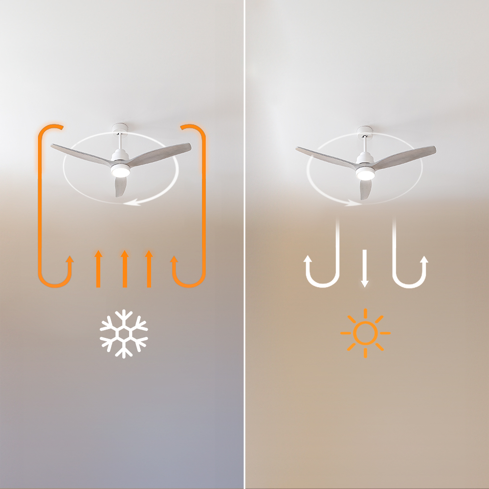 Un ventilador de techo ilustra la dirección del flujo de aire en invierno y verano con iconos de copo y sol.
