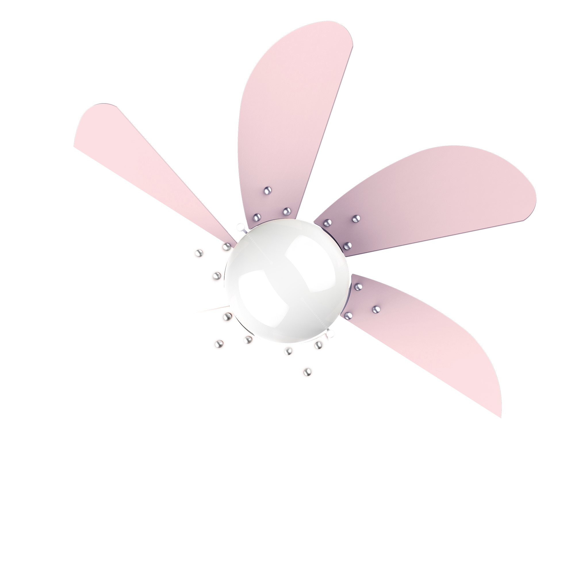 Un ventilador de techo con cinco aspas en forma de pétalo rosa y blanco y una lámpara esférica.