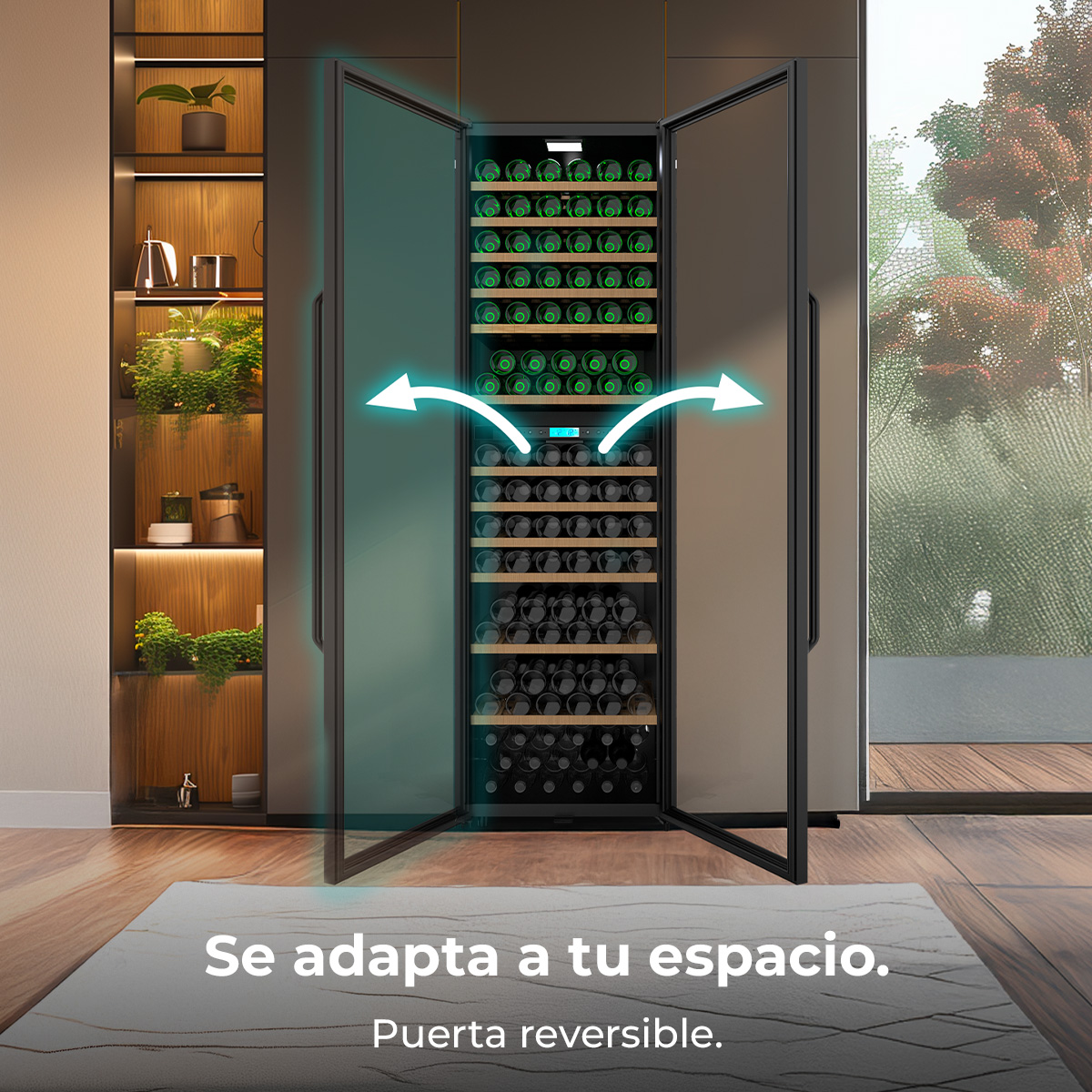Vinoteca con puertas de cristal abiertas, estantes iluminados y texto abajo sobre una alfombra.