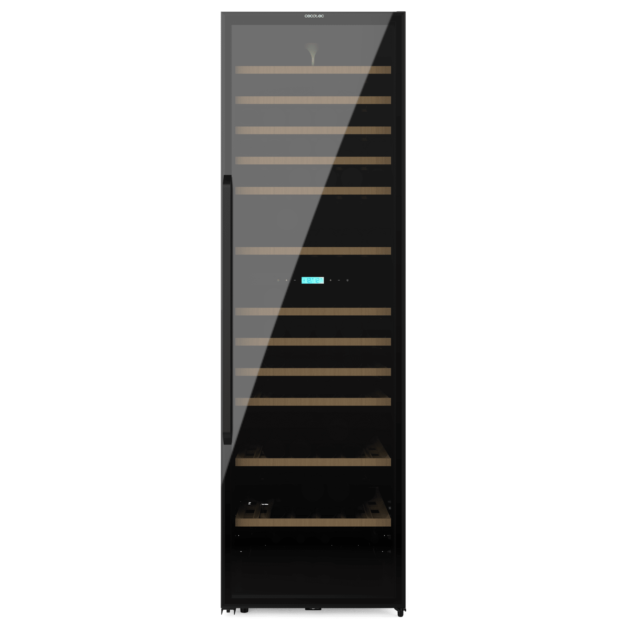 Una vinoteca negra alta con puerta de vidrio, estantes de madera y pantalla digital sobre fondo negro.