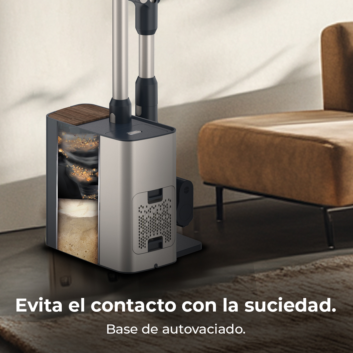 Una estación de vacío con compartimento de polvo visible en un interior moderno, con texto en español.